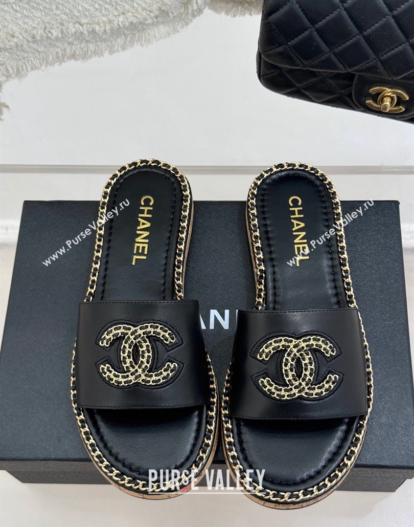 Chanel Calfskin Flat Slides Sandal with Chain CC Black 2025 CH030403 (MD-250304070)