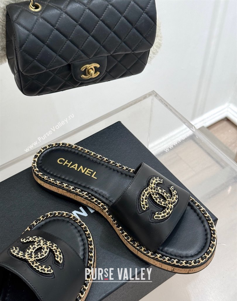 Chanel Calfskin Flat Slides Sandal with Chain CC Black 2025 CH030403 (MD-250304070)