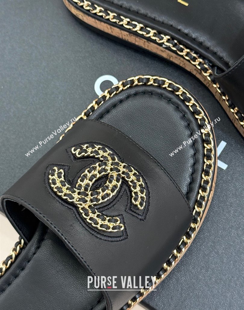 Chanel Calfskin Flat Slides Sandal with Chain CC Black 2025 CH030403 (MD-250304070)
