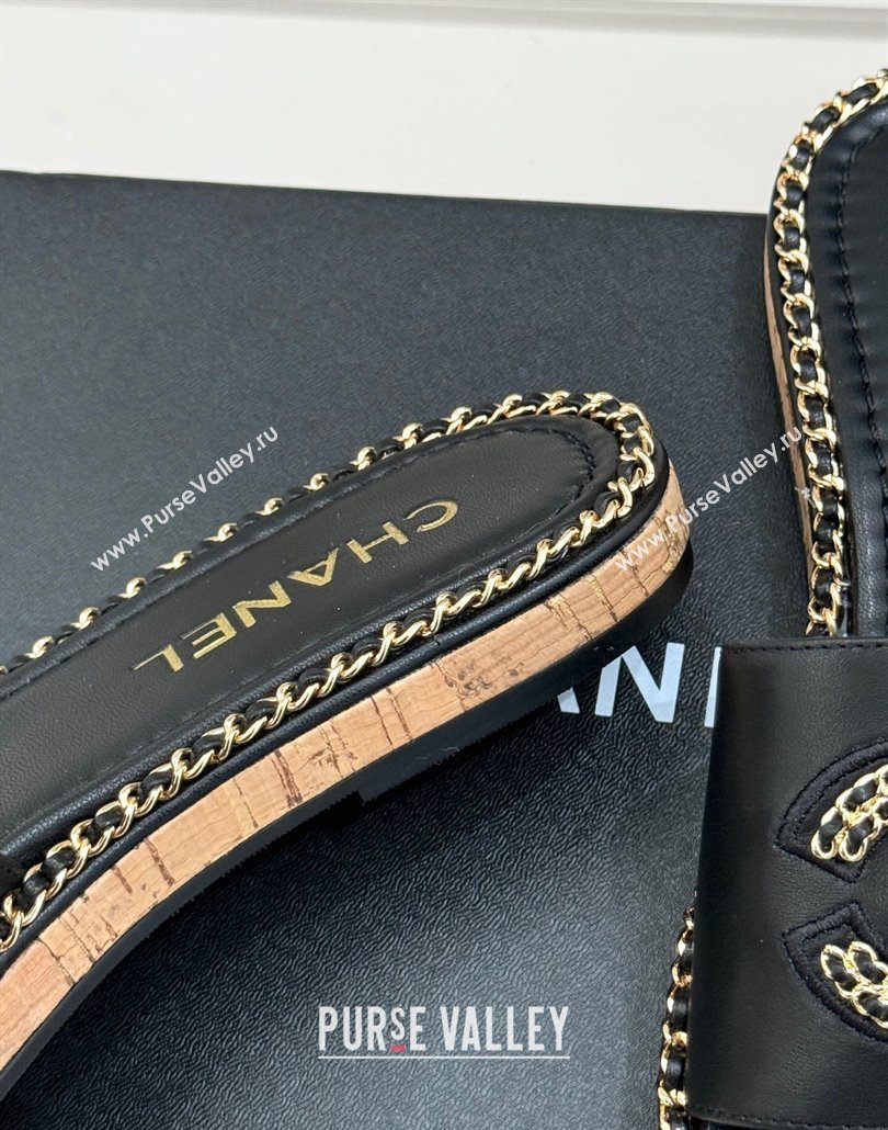 Chanel Calfskin Flat Slides Sandal with Chain CC Black 2025 CH030403 (MD-250304070)