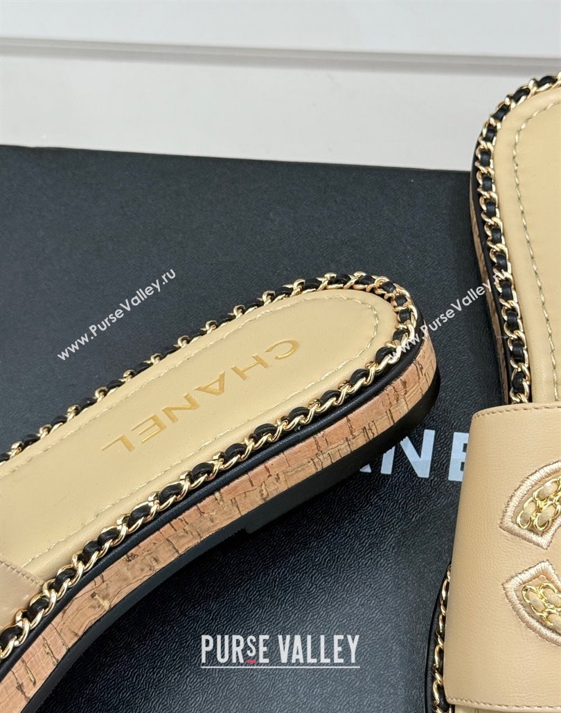 Chanel Calfskin Flat Slides Sandal with Chain CC Beige 2025 CH030403 (MD-250304071)