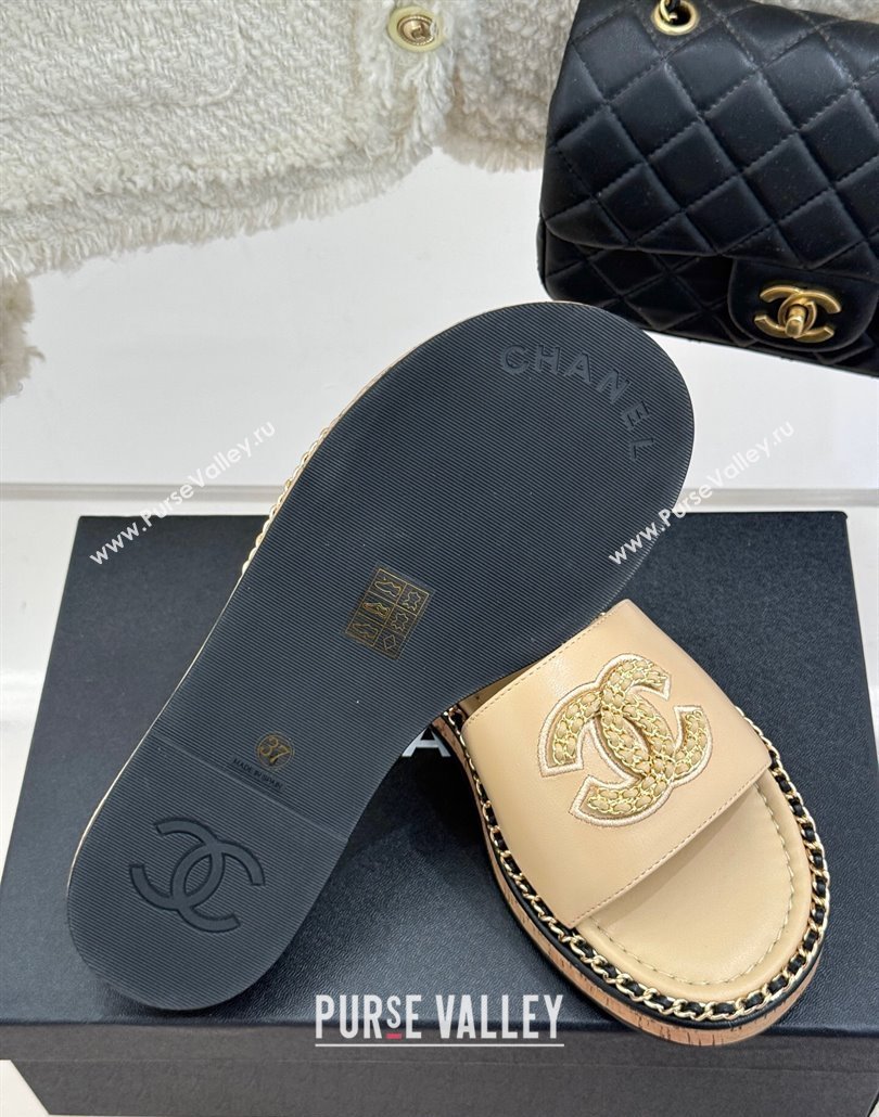 Chanel Calfskin Flat Slides Sandal with Chain CC Beige 2025 CH030403 (MD-250304071)
