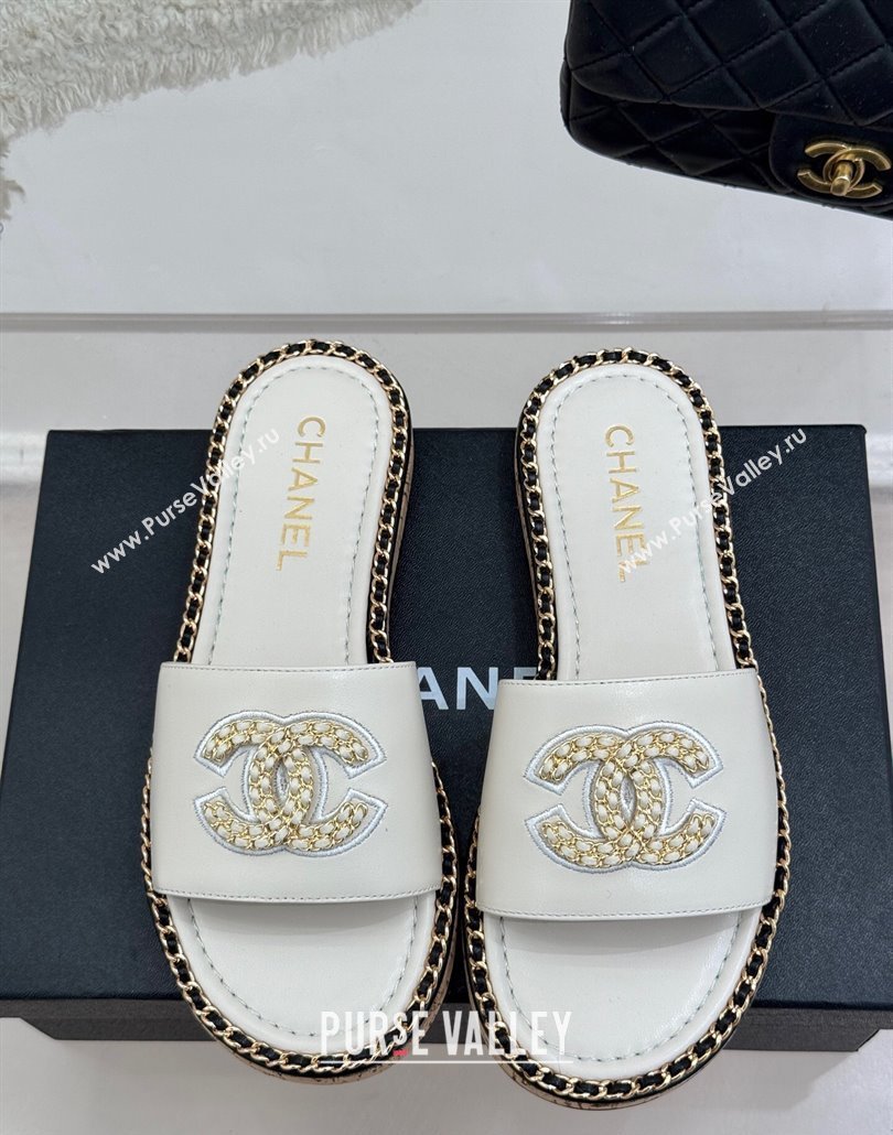 Chanel Calfskin Flat Slides Sandal with Chain CC White 2025 CH030403 (MD-250304072)