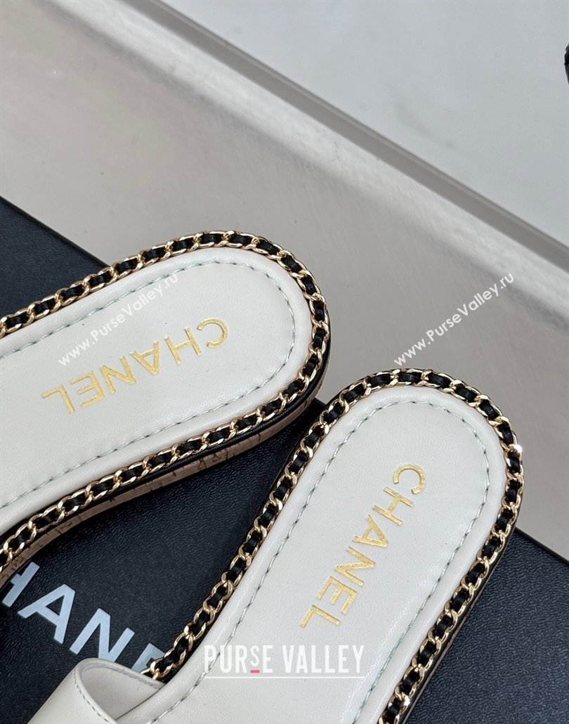Chanel Calfskin Flat Slides Sandal with Chain CC White 2025 CH030403 (MD-250304072)