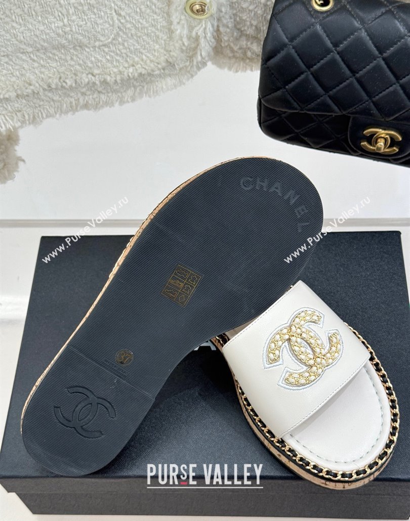 Chanel Calfskin Flat Slides Sandal with Chain CC White 2025 CH030403 (MD-250304072)