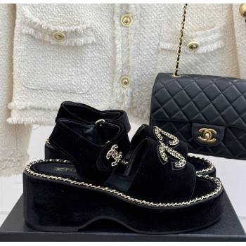 Chanel Velvet Wedge Sandals with Chain CC Black 2025 CH030403 (MD-250304073)