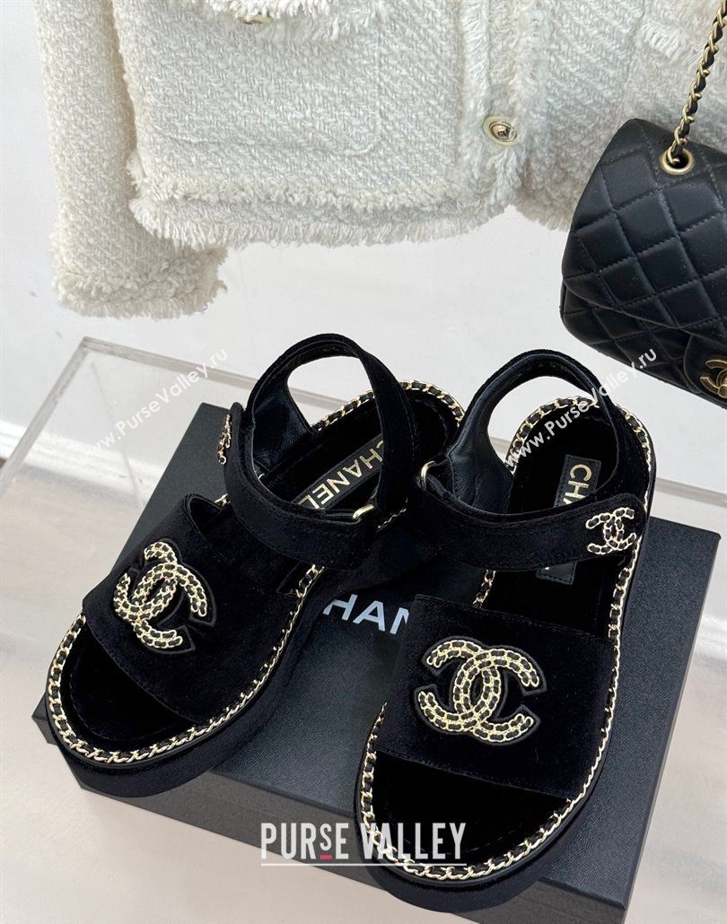 Chanel Velvet Wedge Sandals with Chain CC Black 2025 CH030403 (MD-250304073)