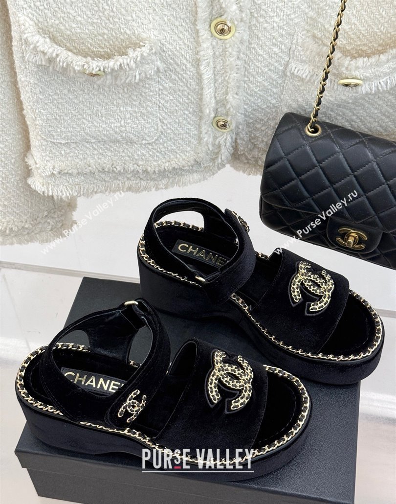 Chanel Velvet Wedge Sandals with Chain CC Black 2025 CH030403 (MD-250304073)