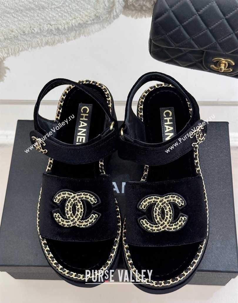 Chanel Velvet Wedge Sandals with Chain CC Black 2025 CH030403 (MD-250304073)