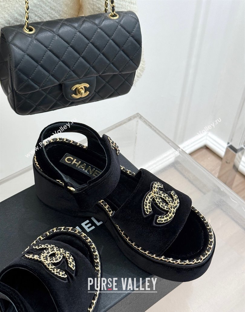 Chanel Velvet Wedge Sandals with Chain CC Black 2025 CH030403 (MD-250304073)
