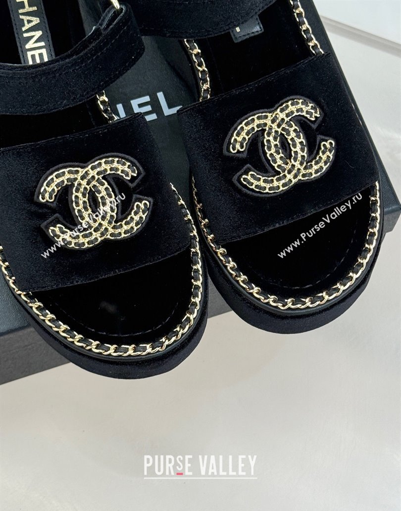 Chanel Velvet Wedge Sandals with Chain CC Black 2025 CH030403 (MD-250304073)