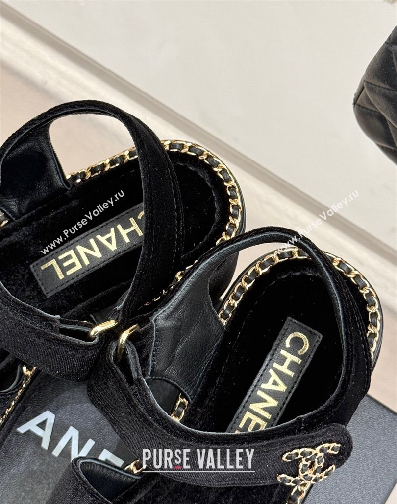 Chanel Velvet Wedge Sandals with Chain CC Black 2025 CH030403 (MD-250304073)