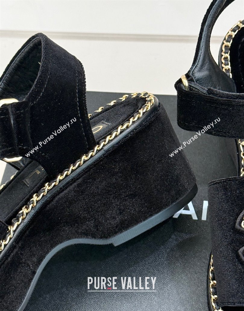 Chanel Velvet Wedge Sandals with Chain CC Black 2025 CH030403 (MD-250304073)