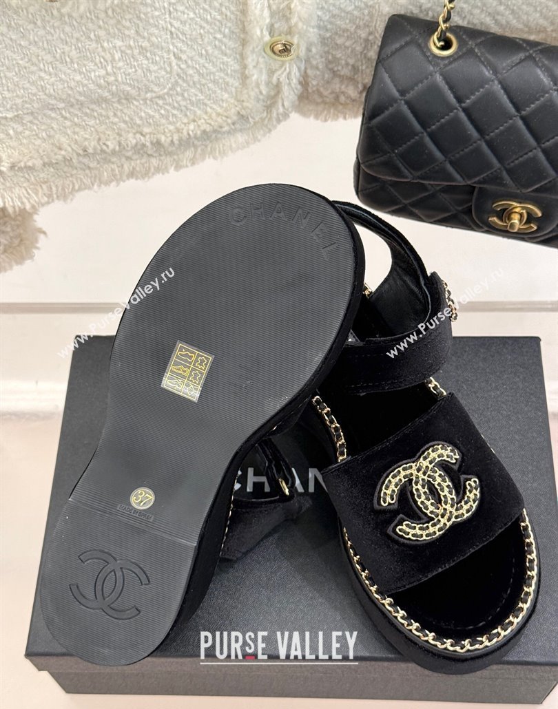 Chanel Velvet Wedge Sandals with Chain CC Black 2025 CH030403 (MD-250304073)