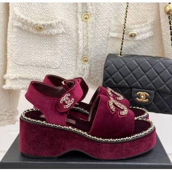 Chanel Velvet Wedge Sandals with Chain CC Dark Burgundy 2025 CH030403 (MD-250304074)