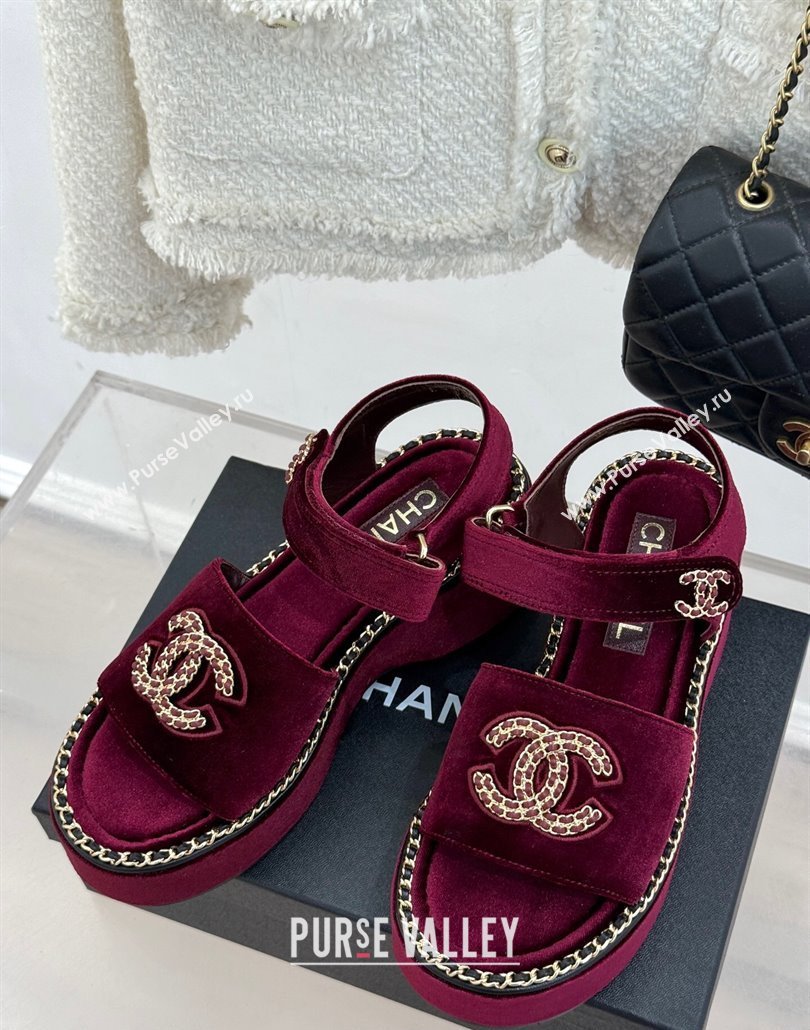 Chanel Velvet Wedge Sandals with Chain CC Dark Burgundy 2025 CH030403 (MD-250304074)