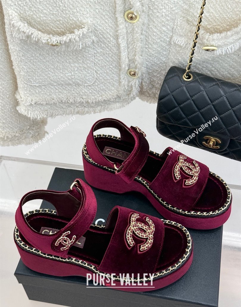 Chanel Velvet Wedge Sandals with Chain CC Dark Burgundy 2025 CH030403 (MD-250304074)