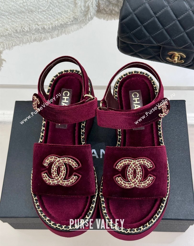 Chanel Velvet Wedge Sandals with Chain CC Dark Burgundy 2025 CH030403 (MD-250304074)