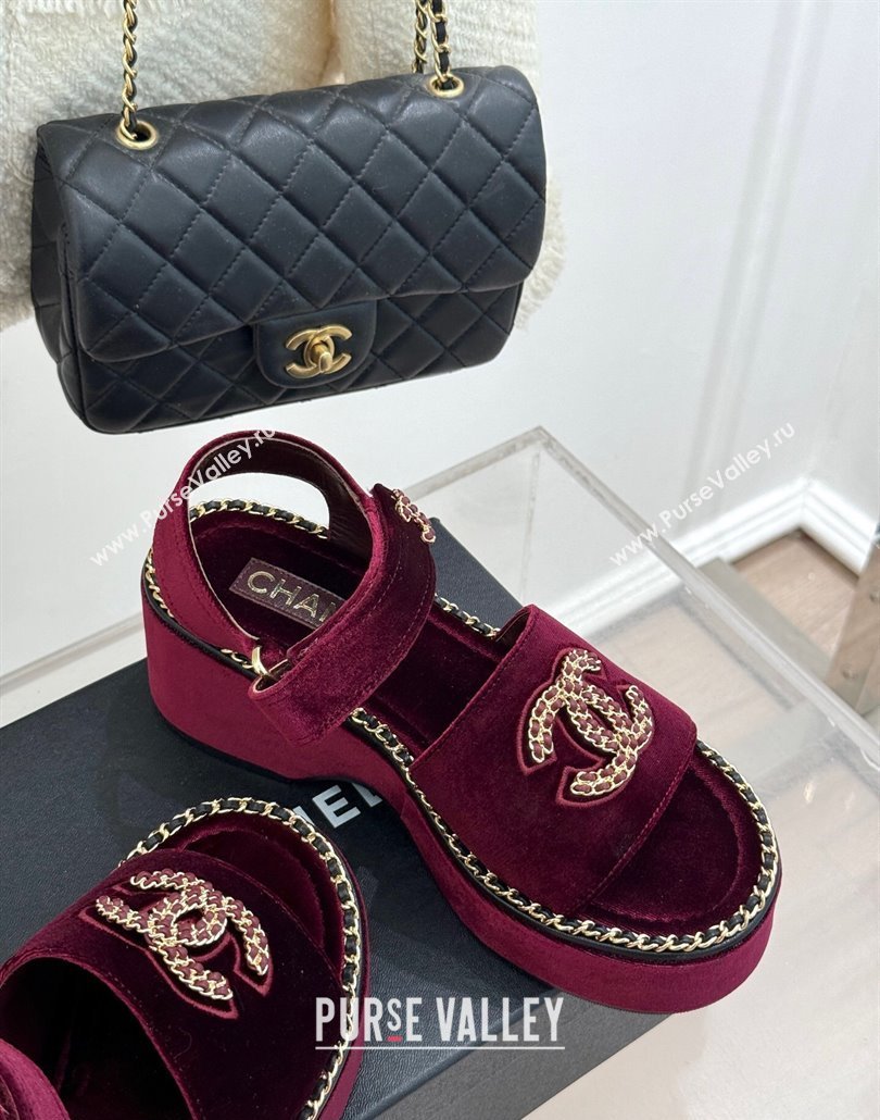 Chanel Velvet Wedge Sandals with Chain CC Dark Burgundy 2025 CH030403 (MD-250304074)