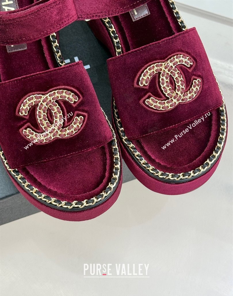 Chanel Velvet Wedge Sandals with Chain CC Dark Burgundy 2025 CH030403 (MD-250304074)