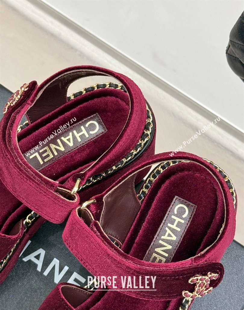 Chanel Velvet Wedge Sandals with Chain CC Dark Burgundy 2025 CH030403 (MD-250304074)
