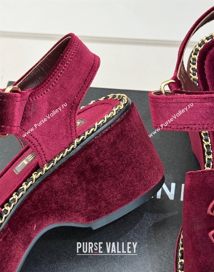 Chanel Velvet Wedge Sandals with Chain CC Dark Burgundy 2025 CH030403 (MD-250304074)