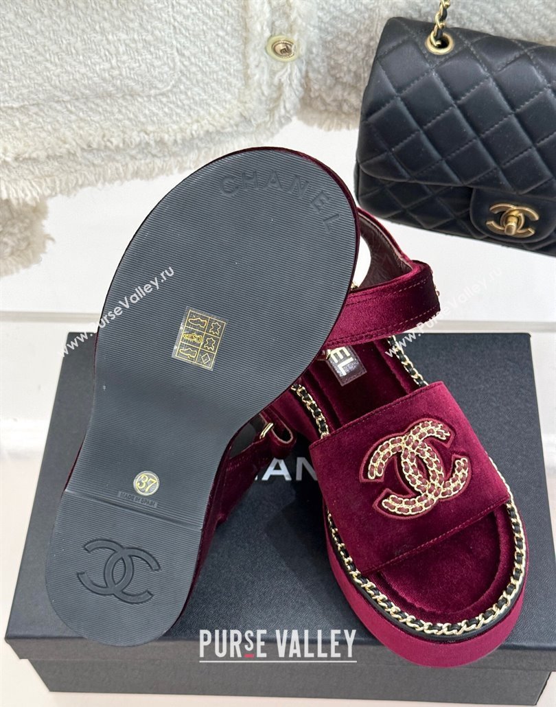 Chanel Velvet Wedge Sandals with Chain CC Dark Burgundy 2025 CH030403 (MD-250304074)