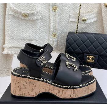 Chanel Calfskin Wedge Sandals with Chain CC Black 2025 CH030403 (MD-250304075)
