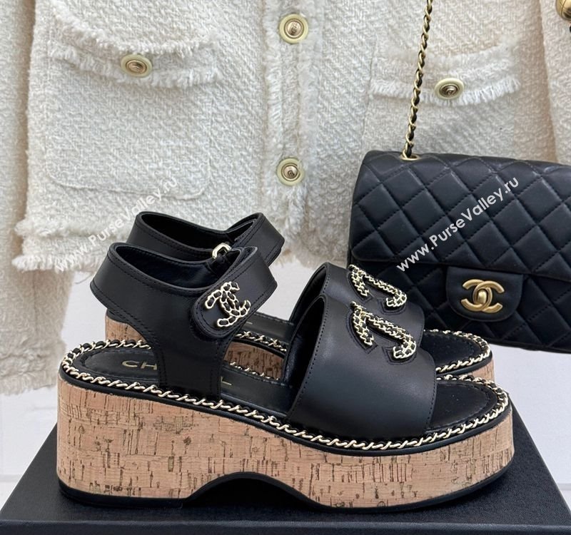 Chanel Calfskin Wedge Sandals with Chain CC Black 2025 CH030403 (MD-250304075)