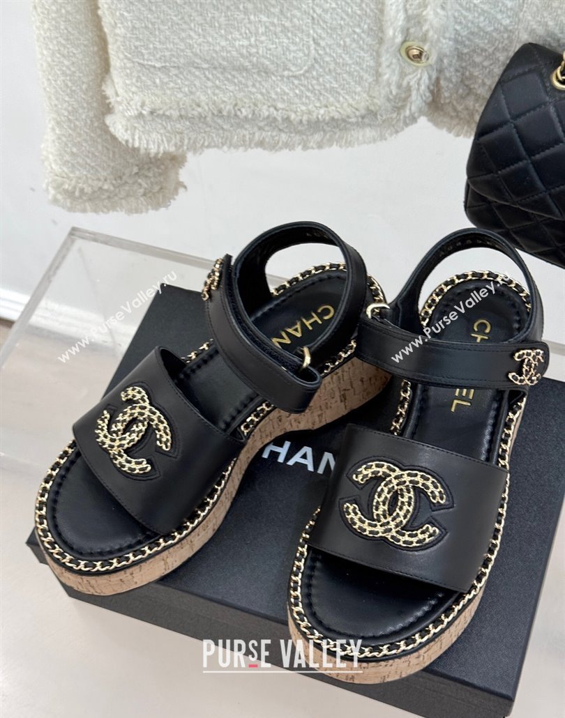 Chanel Calfskin Wedge Sandals with Chain CC Black 2025 CH030403 (MD-250304075)