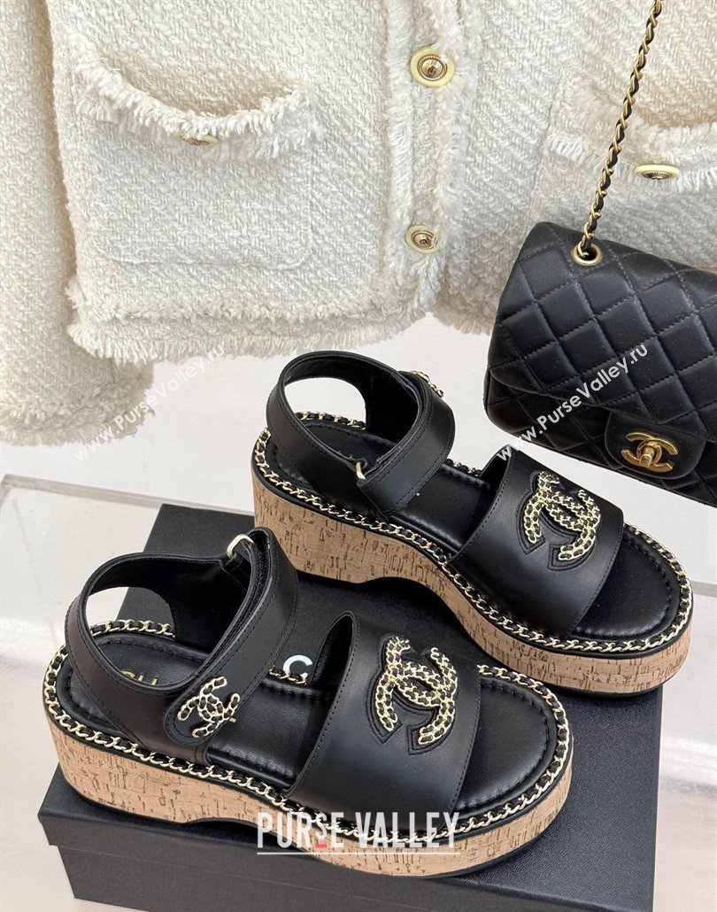 Chanel Calfskin Wedge Sandals with Chain CC Black 2025 CH030403 (MD-250304075)