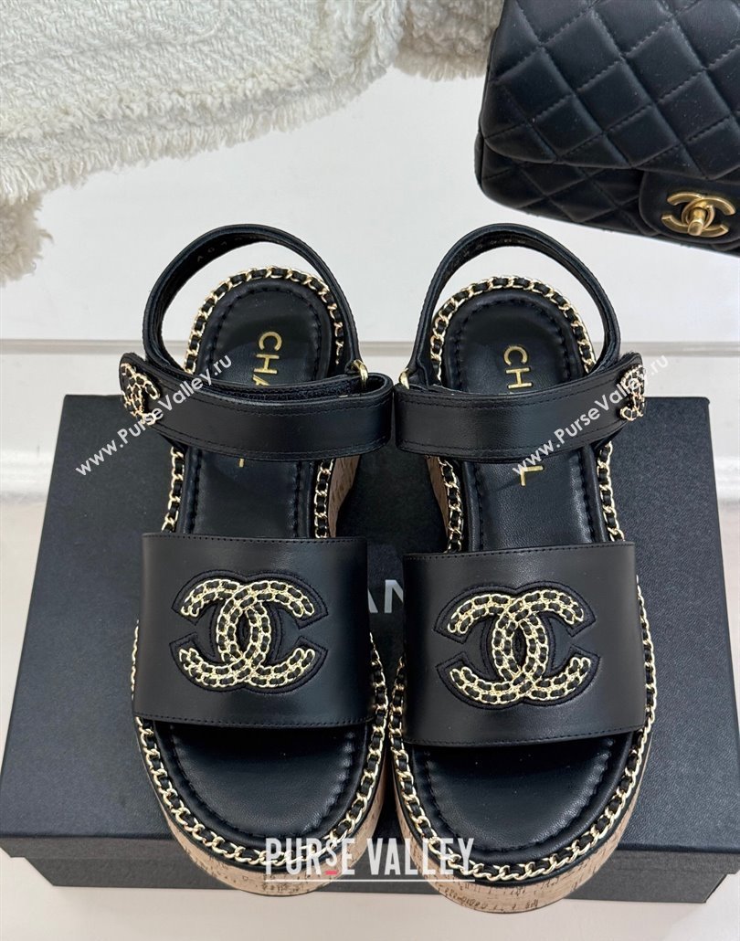 Chanel Calfskin Wedge Sandals with Chain CC Black 2025 CH030403 (MD-250304075)