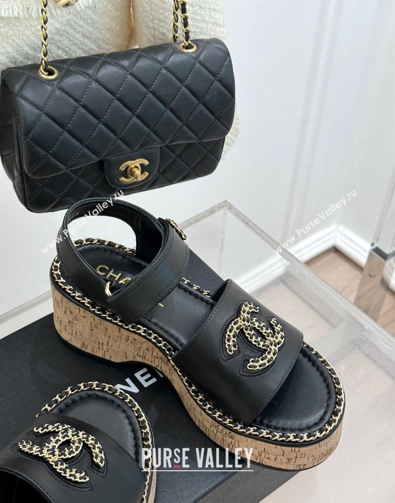 Chanel Calfskin Wedge Sandals with Chain CC Black 2025 CH030403 (MD-250304075)