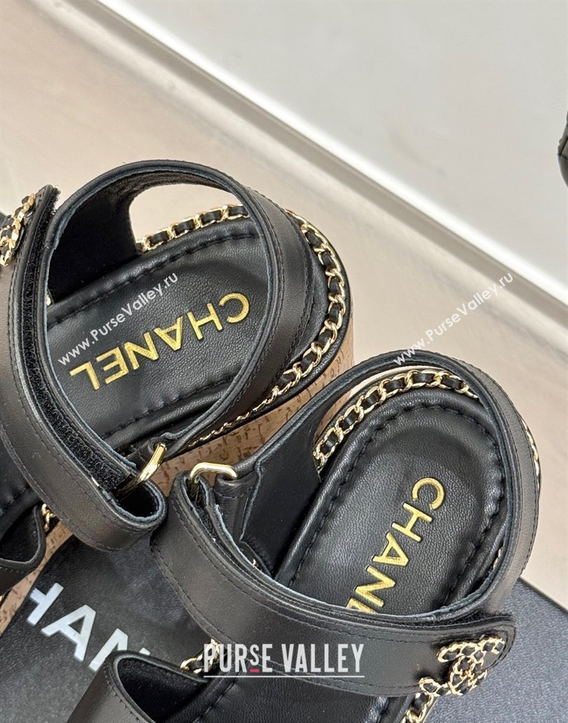 Chanel Calfskin Wedge Sandals with Chain CC Black 2025 CH030403 (MD-250304075)
