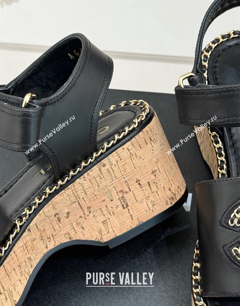 Chanel Calfskin Wedge Sandals with Chain CC Black 2025 CH030403 (MD-250304075)