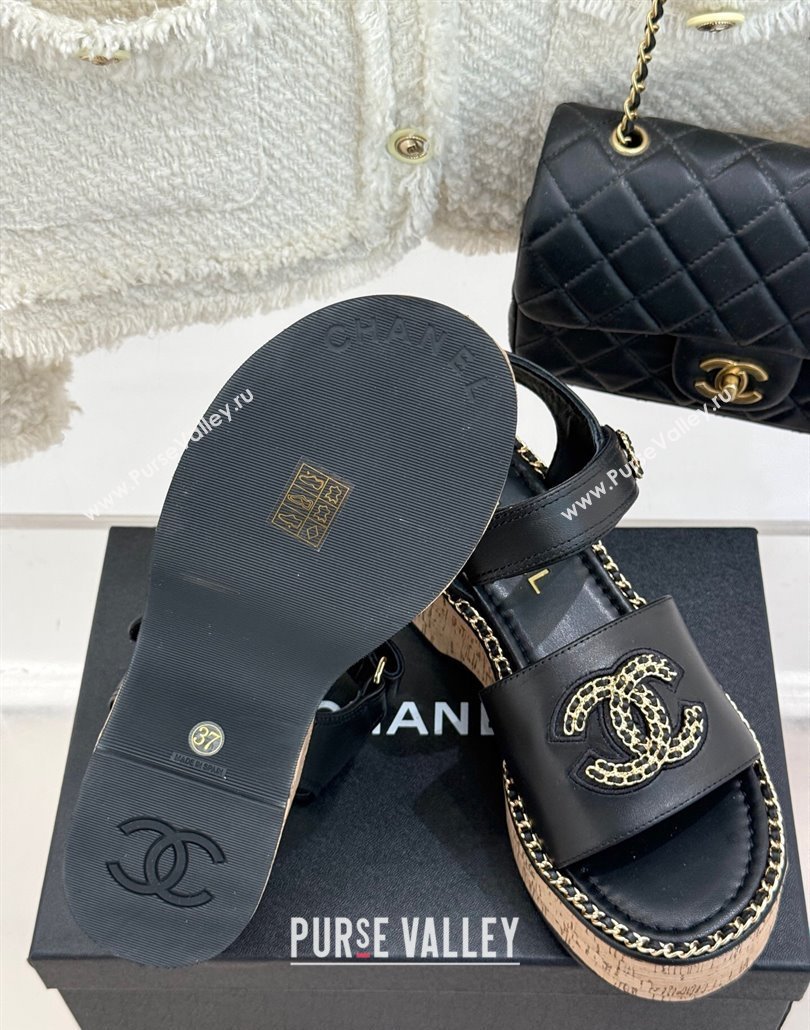 Chanel Calfskin Wedge Sandals with Chain CC Black 2025 CH030403 (MD-250304075)