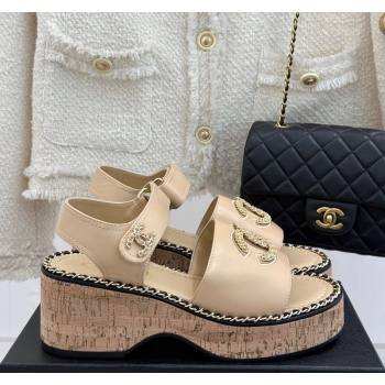 Chanel Calfskin Wedge Sandals with Chain CC Beige 2025 CH030403 (MD-250304076)