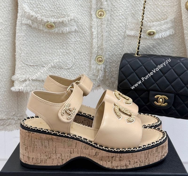 Chanel Calfskin Wedge Sandals with Chain CC Beige 2025 CH030403 (MD-250304076)