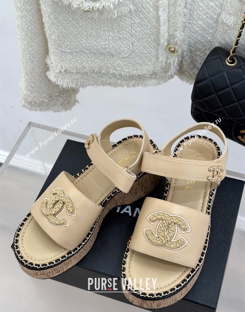 Chanel Calfskin Wedge Sandals with Chain CC Beige 2025 CH030403 (MD-250304076)