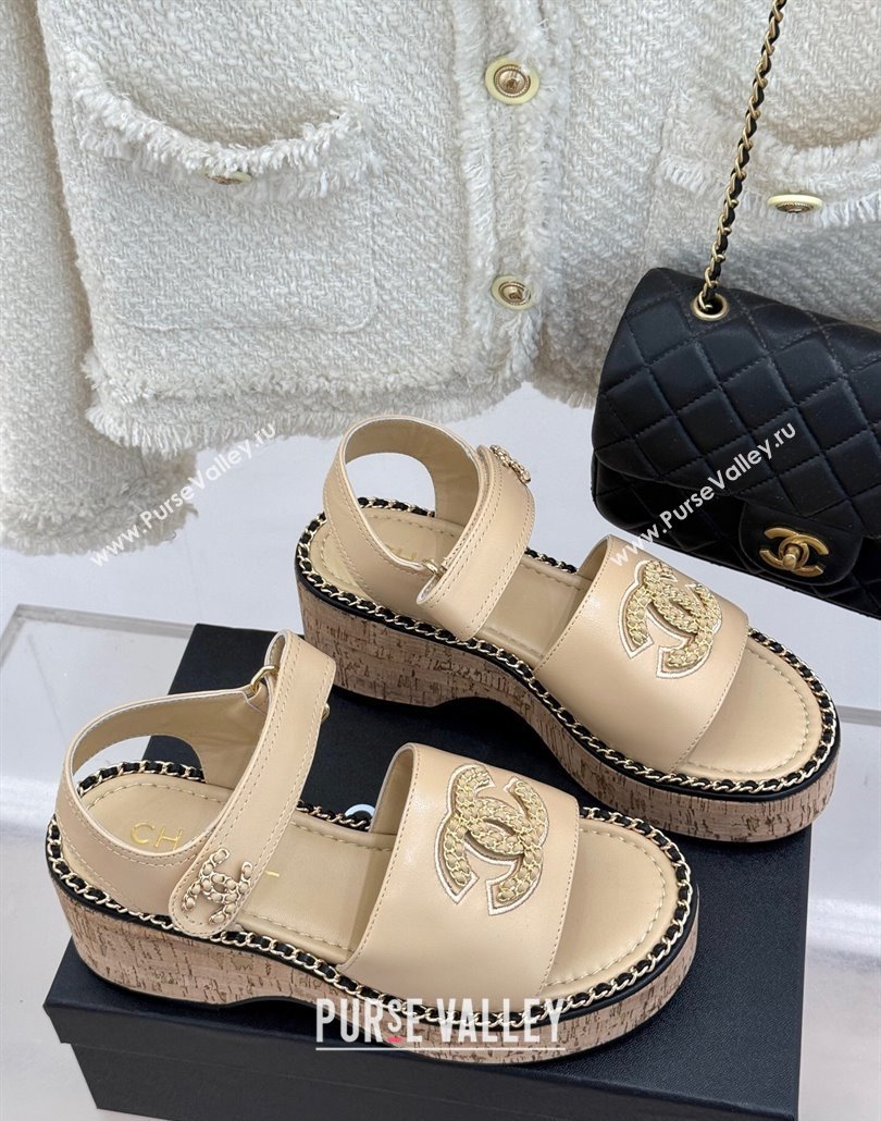 Chanel Calfskin Wedge Sandals with Chain CC Beige 2025 CH030403 (MD-250304076)