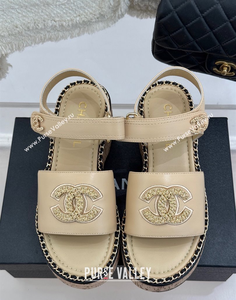 Chanel Calfskin Wedge Sandals with Chain CC Beige 2025 CH030403 (MD-250304076)