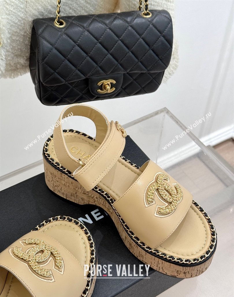 Chanel Calfskin Wedge Sandals with Chain CC Beige 2025 CH030403 (MD-250304076)
