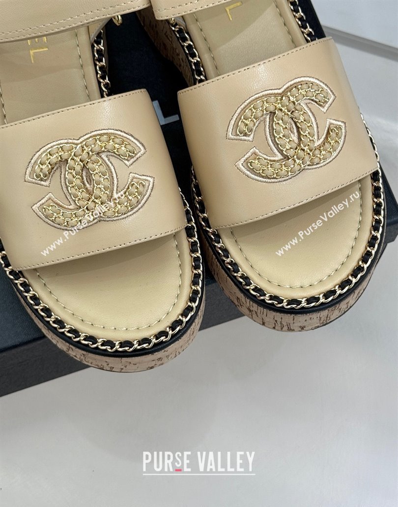 Chanel Calfskin Wedge Sandals with Chain CC Beige 2025 CH030403 (MD-250304076)