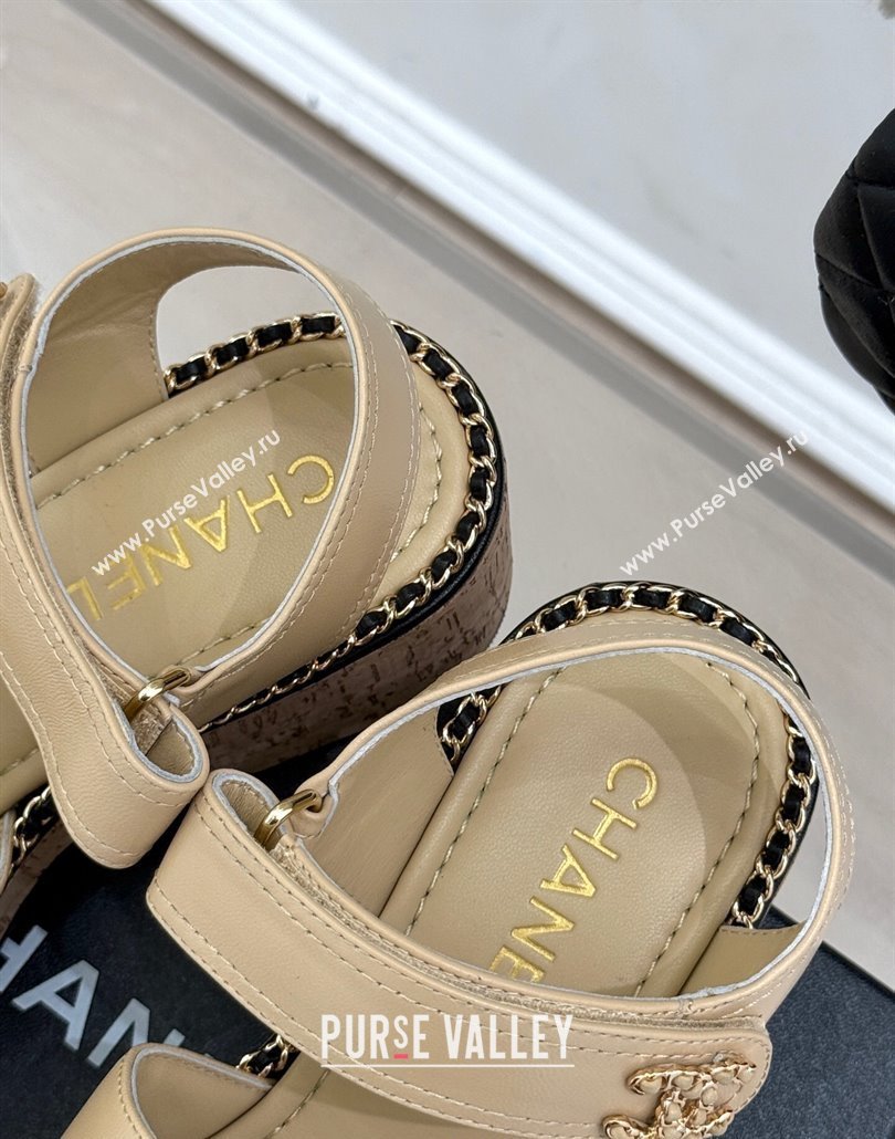 Chanel Calfskin Wedge Sandals with Chain CC Beige 2025 CH030403 (MD-250304076)