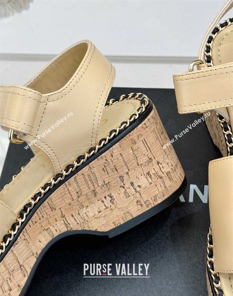 Chanel Calfskin Wedge Sandals with Chain CC Beige 2025 CH030403 (MD-250304076)