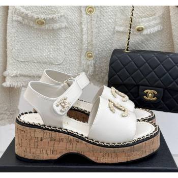 Chanel Calfskin Wedge Sandals with Chain CC White 2025 CH030403 (MD-250304077)