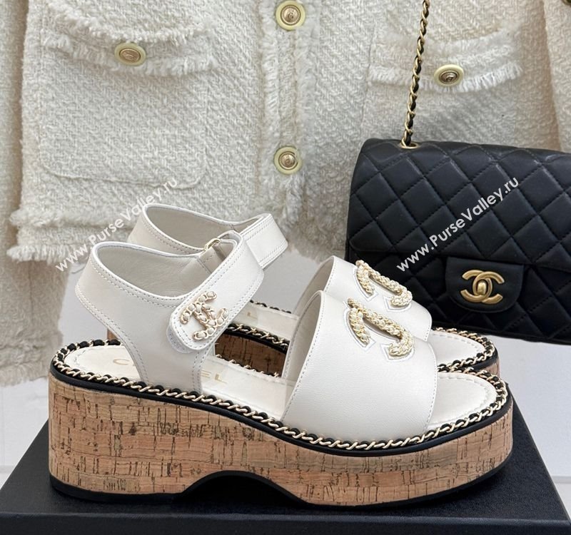 Chanel Calfskin Wedge Sandals with Chain CC White 2025 CH030403 (MD-250304077)