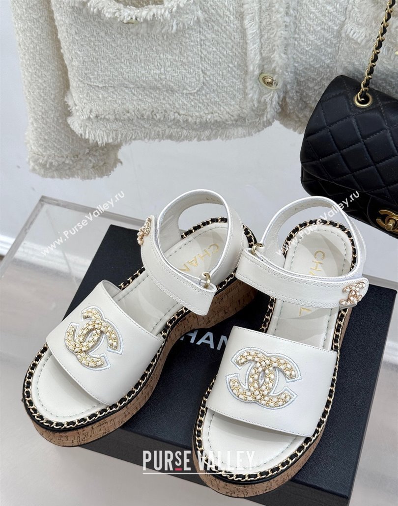 Chanel Calfskin Wedge Sandals with Chain CC White 2025 CH030403 (MD-250304077)