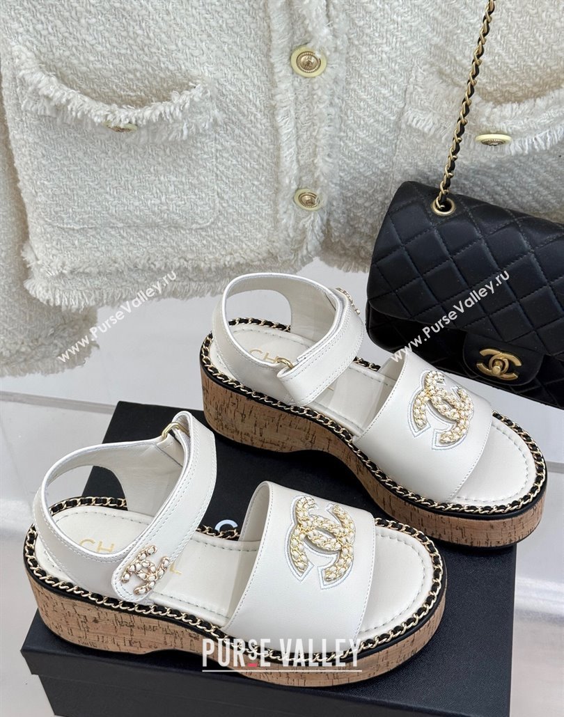 Chanel Calfskin Wedge Sandals with Chain CC White 2025 CH030403 (MD-250304077)