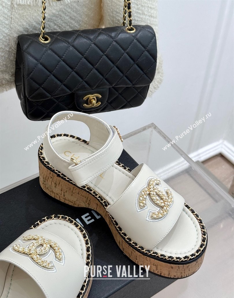 Chanel Calfskin Wedge Sandals with Chain CC White 2025 CH030403 (MD-250304077)